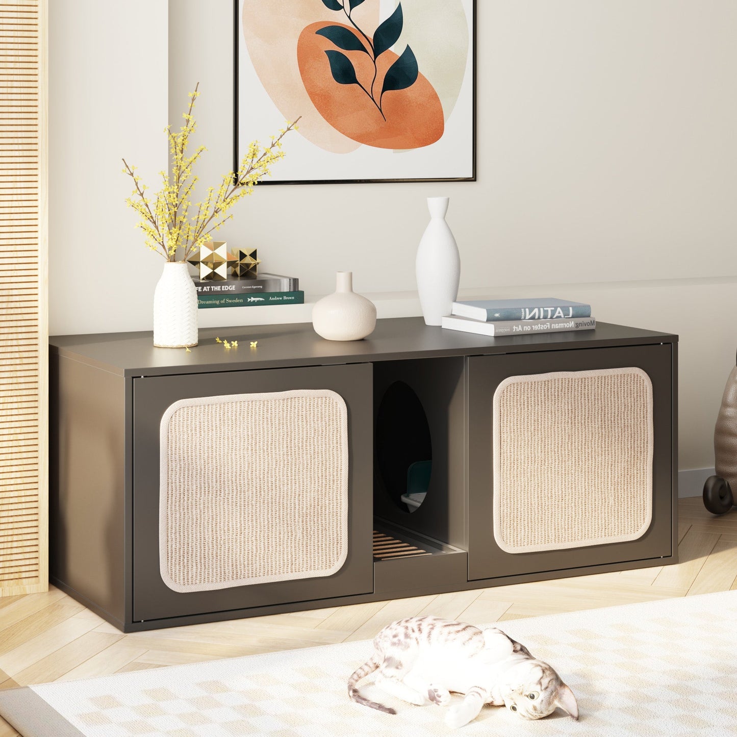 Enclos double pour litière avec portes en sisal et rangement