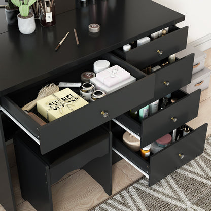 Ensemble coiffeuse avec miroir coulissant éclairé, tabouret rembourré, 5 tiroirs et étagères