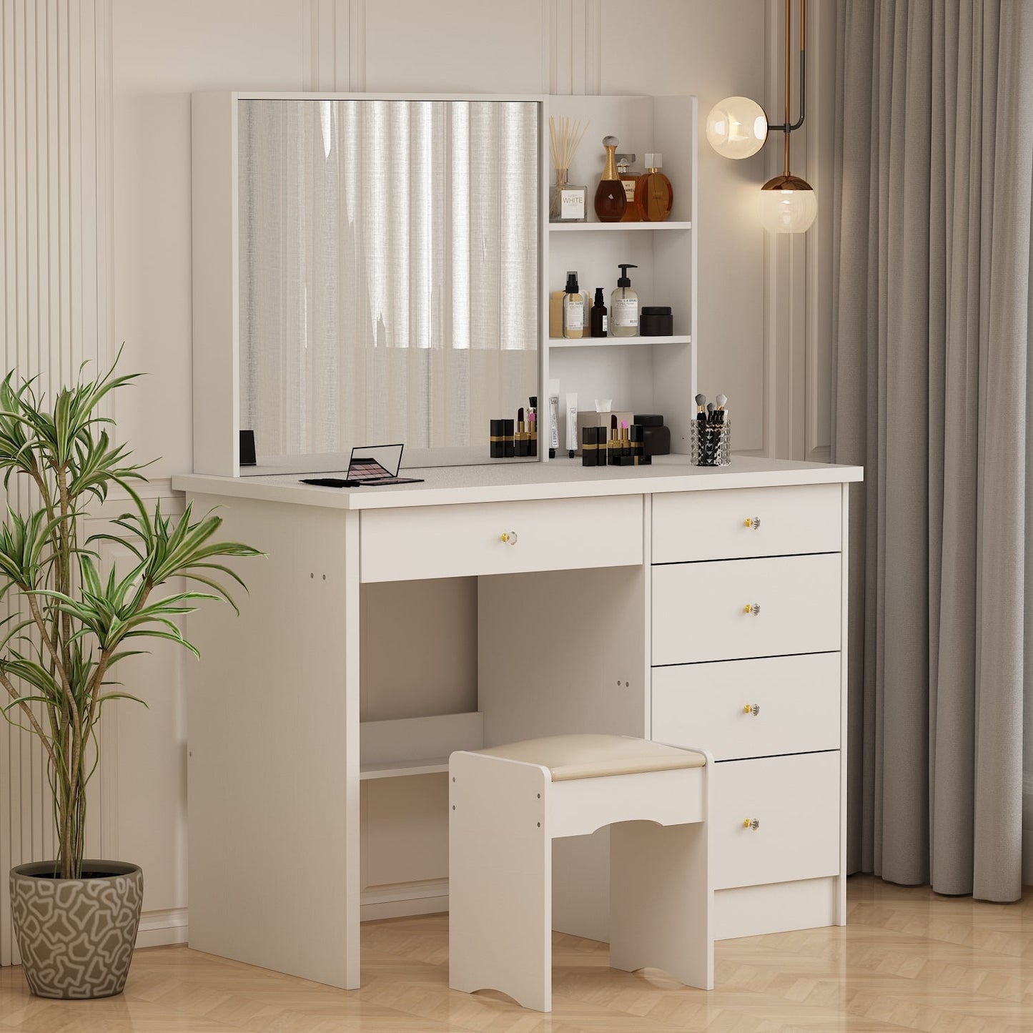 Ensemble coiffeuse avec miroir coulissant éclairé, tabouret rembourré, 5 tiroirs et étagères