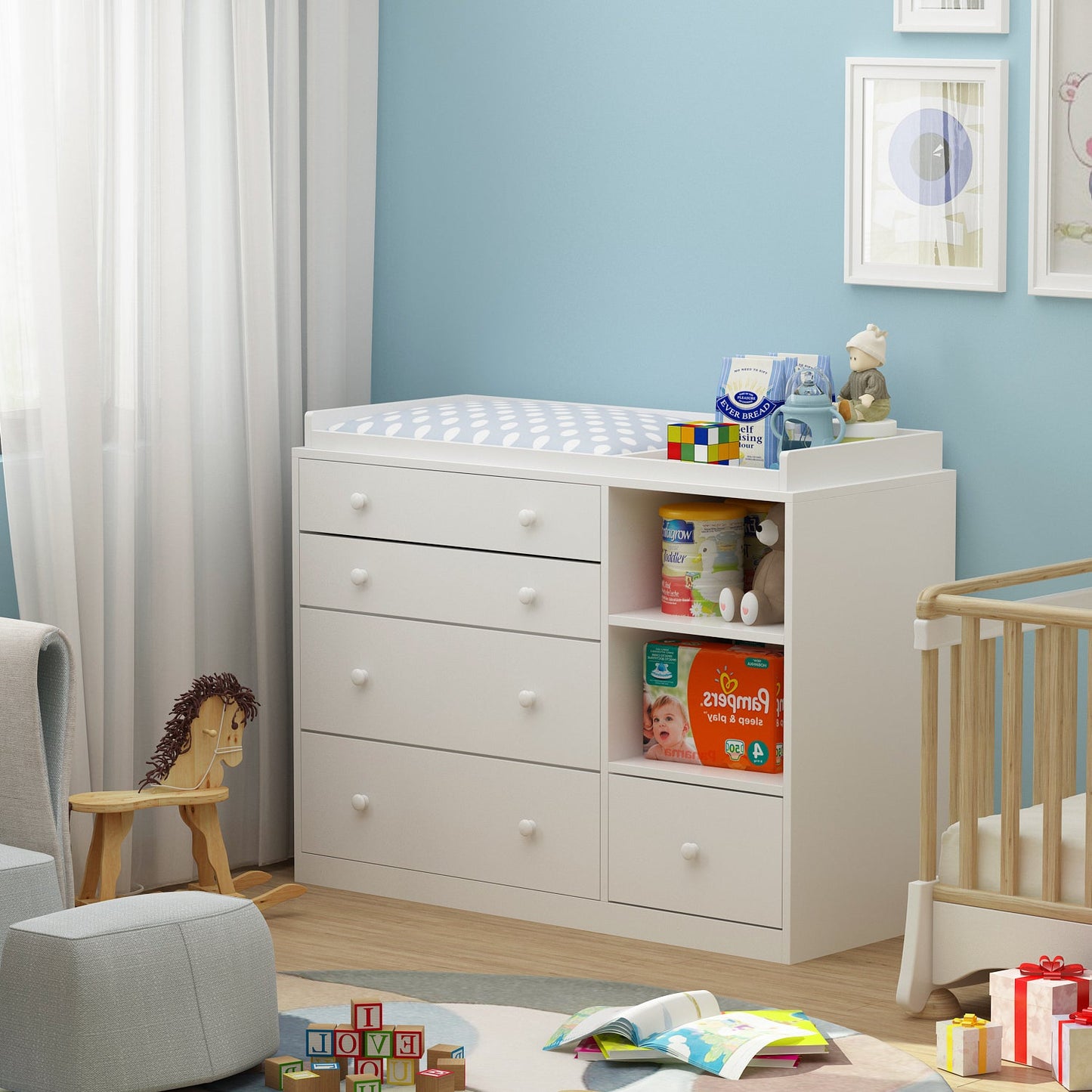 Commode de rangement pour chambre d'enfant avec table à langer, plateau spacieux, 5 tiroirs et 2 étagères 