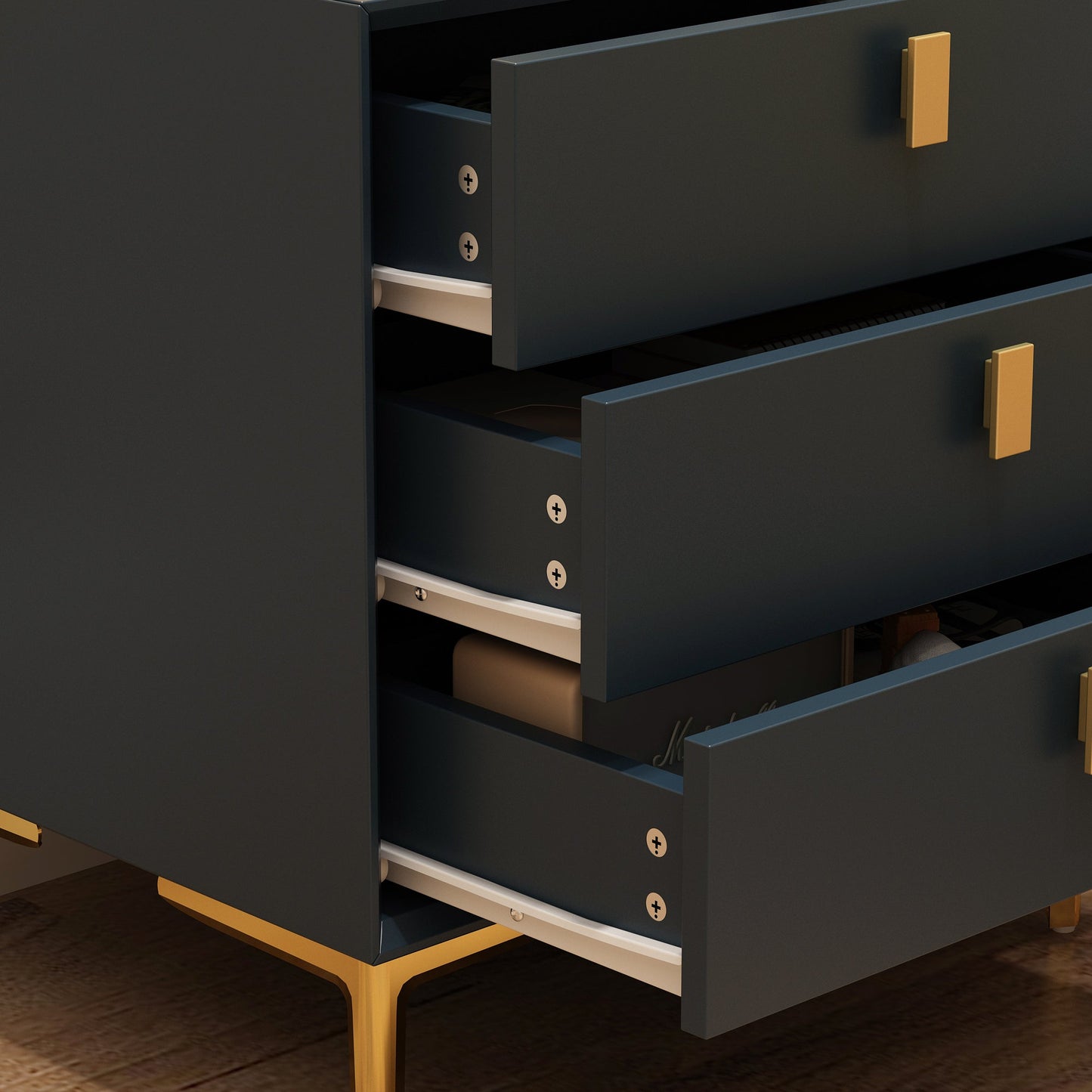 Table de chevet noire avec pieds en métal doré et 3 tiroirs