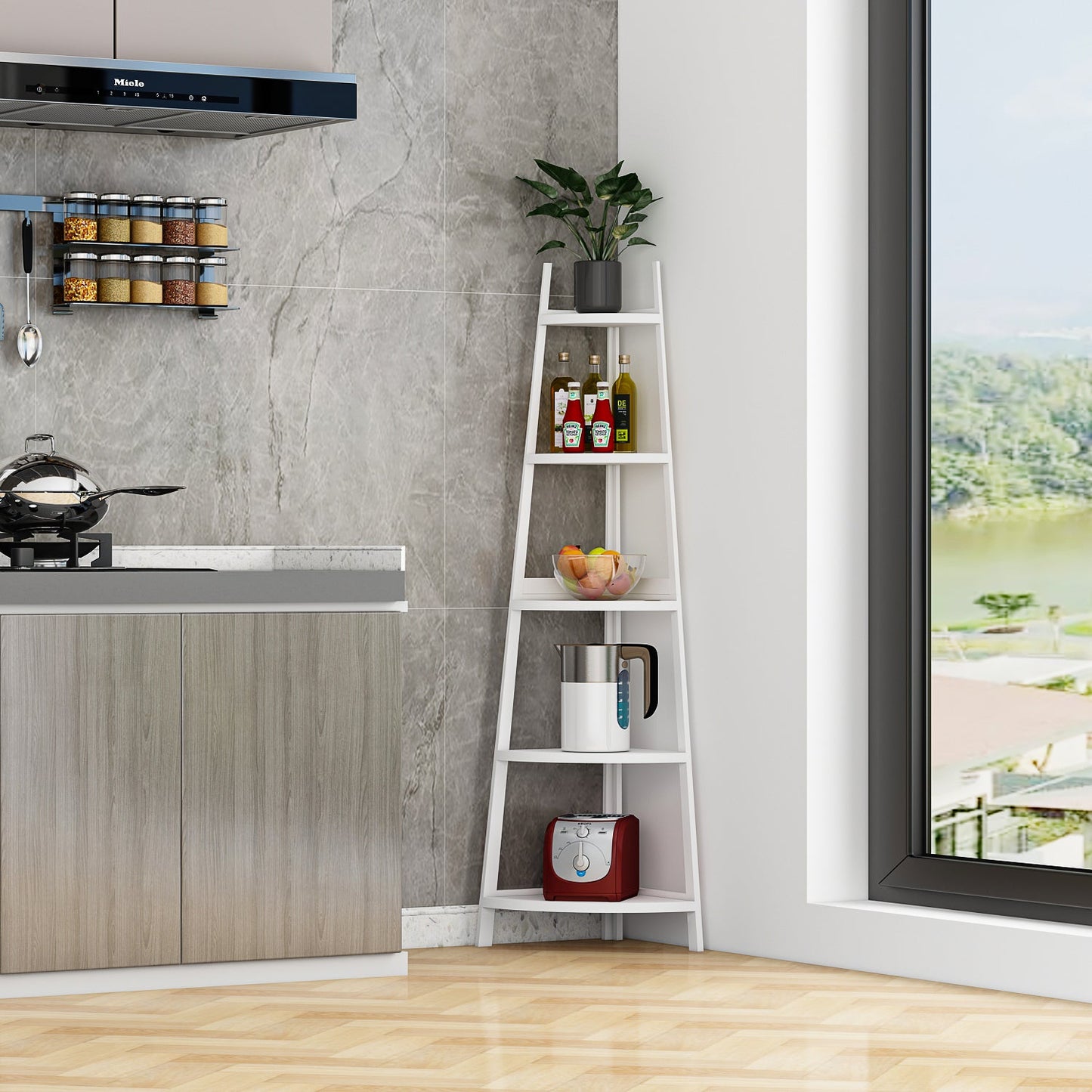 Étagère d'angle rustique à 5 niveaux, bibliothèque d'angle industrielle, étagère échelle, support pour plantes pour salon 