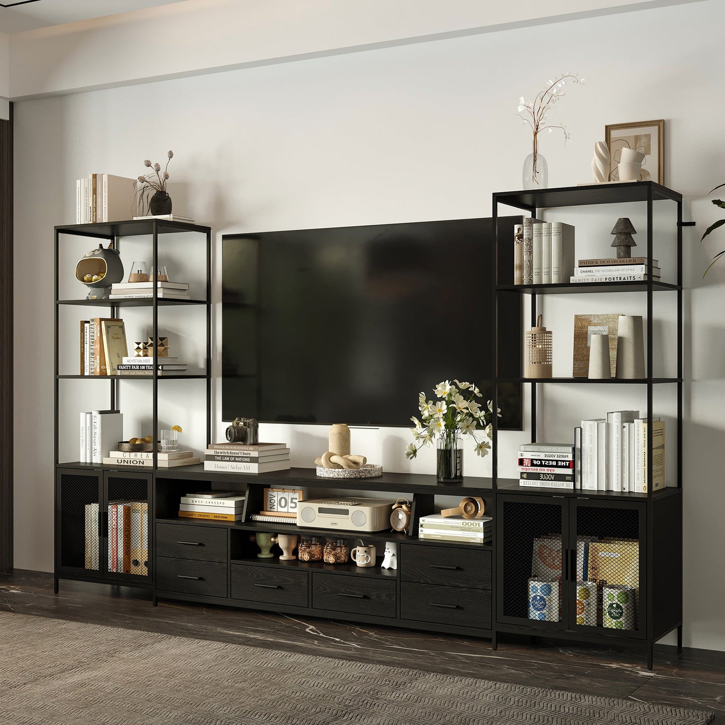 Meuble TV noir élégant avec centre multimédia : design moderne et grand espace de rangement