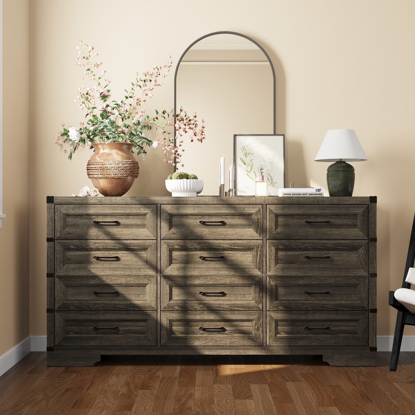 Commode rustique en bois de style campagnard, 12 tiroirs, 175,5 cm de large