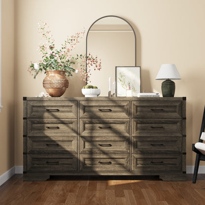 Commode rustique en bois de style campagnard, 12 tiroirs, 175,5 cm de large