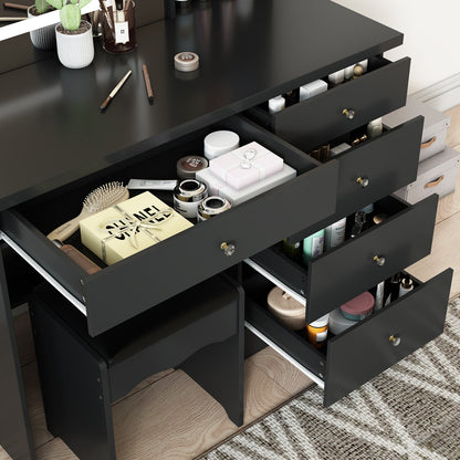 Ensemble coiffeuse avec miroir coulissant éclairé, tabouret rembourré, 5 tiroirs et étagères