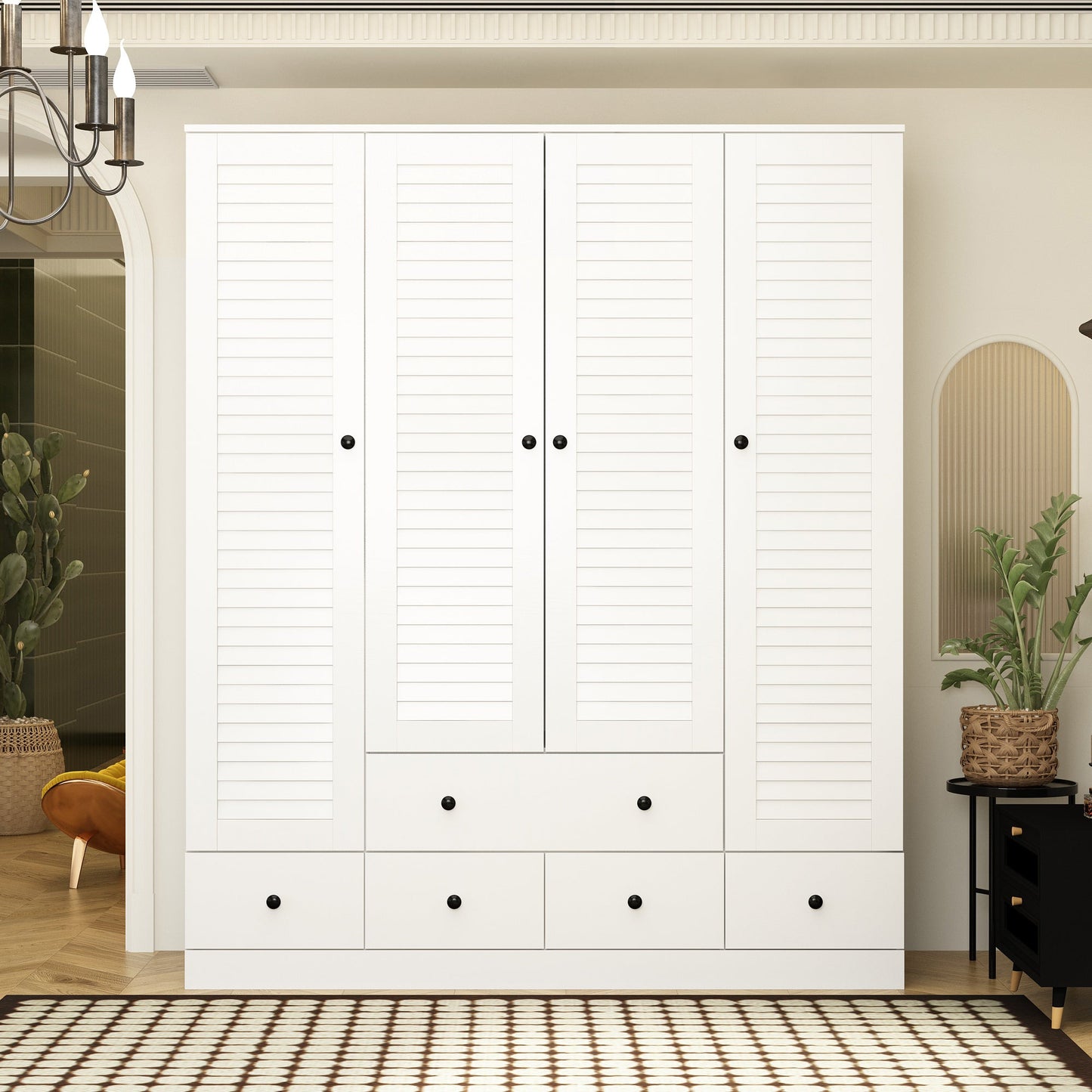 Grande armoire-penderie pour chambre à coucher, meuble de rangement à 4 portes et 5 tiroirs