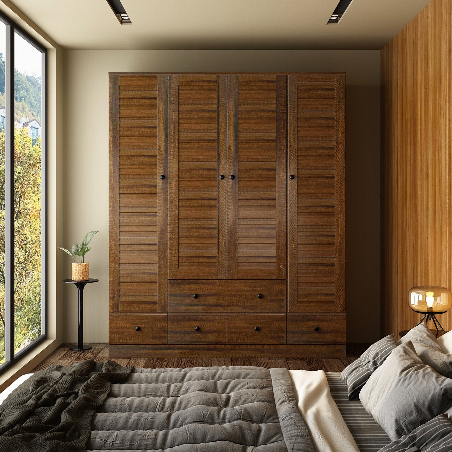 Grande armoire-penderie pour chambre à coucher, meuble de rangement à 4 portes et 5 tiroirs