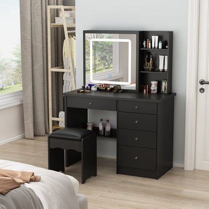 Ensemble coiffeuse avec miroir coulissant éclairé, tabouret rembourré, 5 tiroirs et étagères