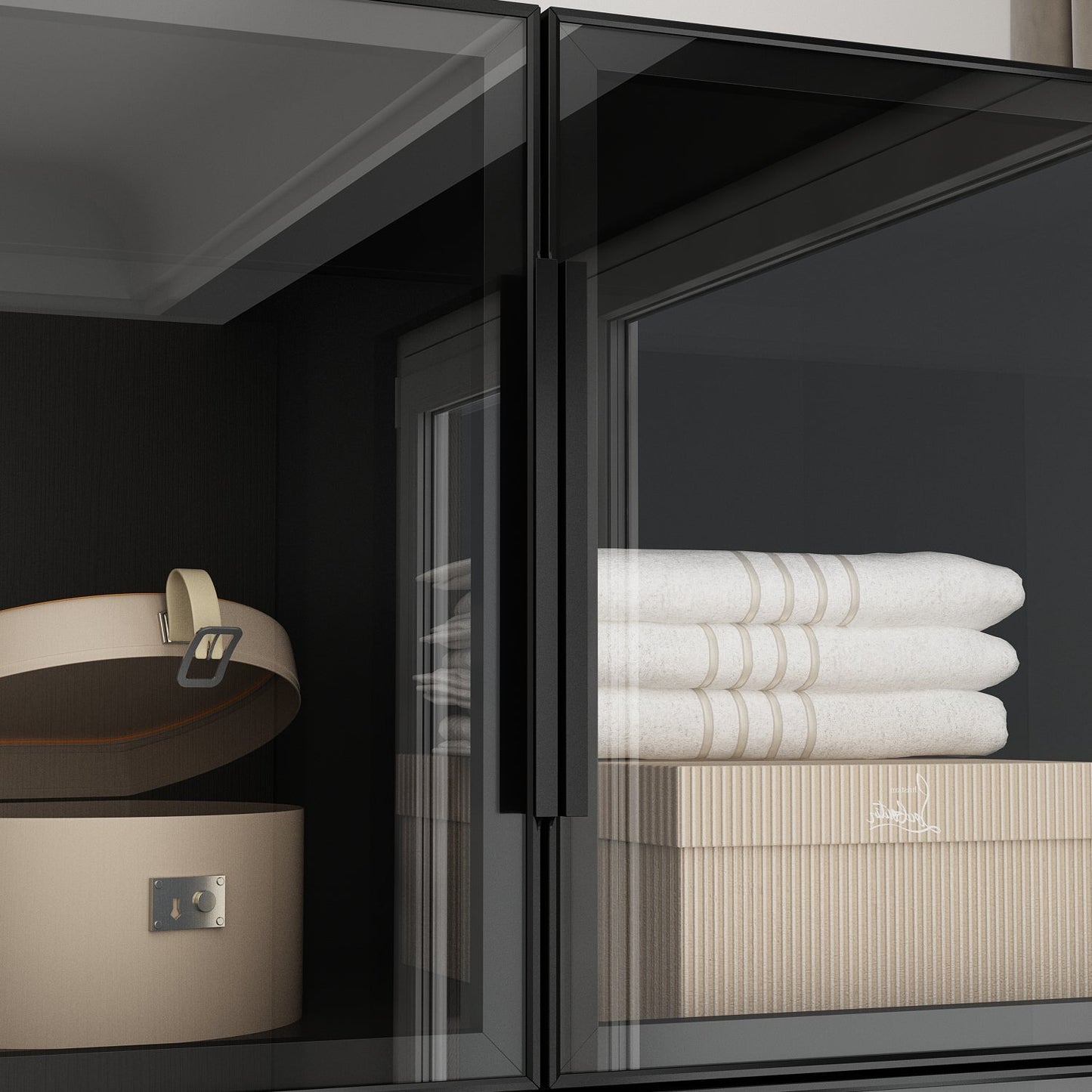 Armoire noire élégante avec éclairage LED et portes en verre trempé