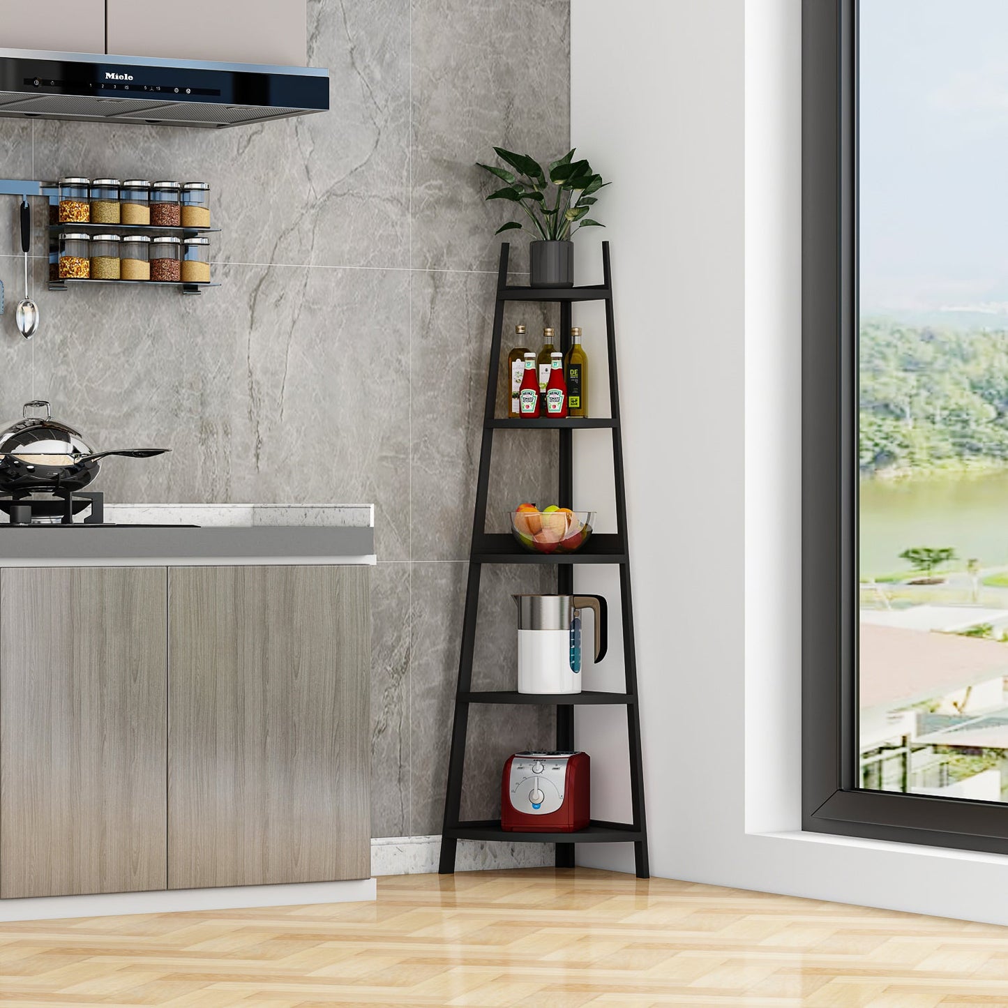 Étagère d'angle rustique à 5 niveaux, bibliothèque d'angle industrielle, étagère échelle, support pour plantes pour salon 