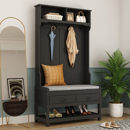 Meuble d'entrée moderne 4 en 1 avec banc de rangement, porte-manteau, étagères et tiroirs pour entrée ou salon