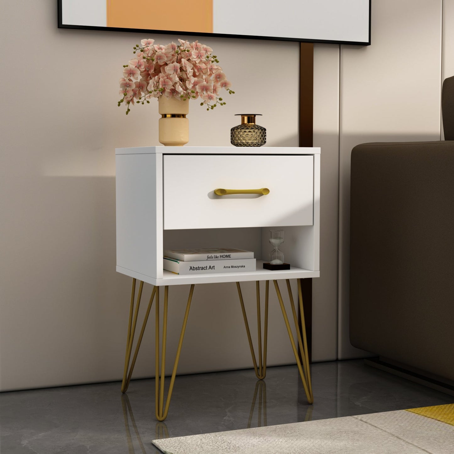 Table d'appoint, table de chevet, commode, mini table de chevet avec pieds dorés pour chambre à coucher 