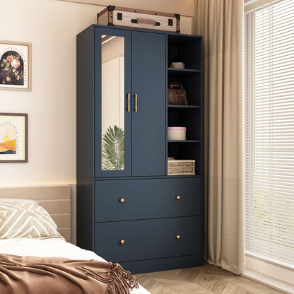 Armoire de rangement à 2 portes, 2 tiroirs et 1 miroir pour chambre à coucher