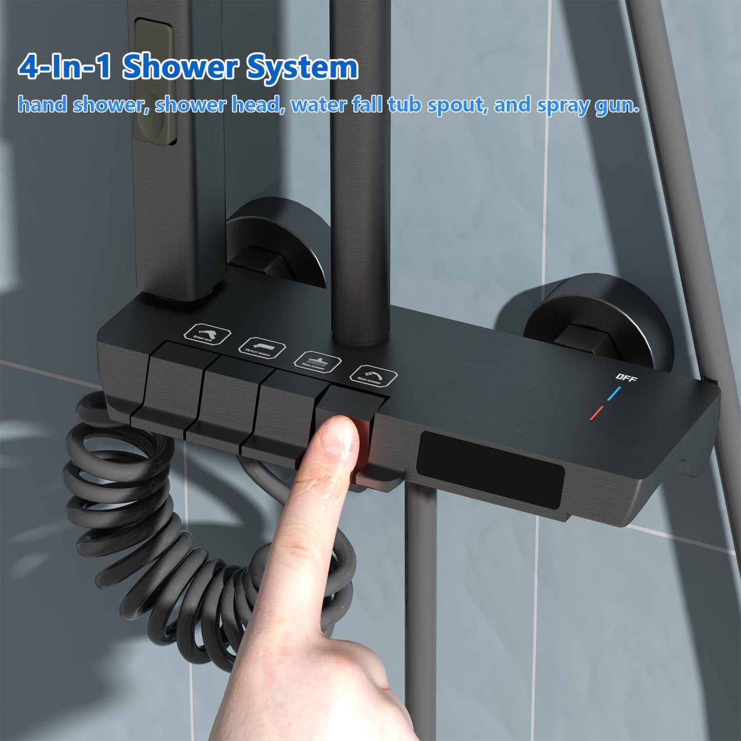 Système de douche complet avec écran LED, douchette à main, bec cascade et pistolet de douche