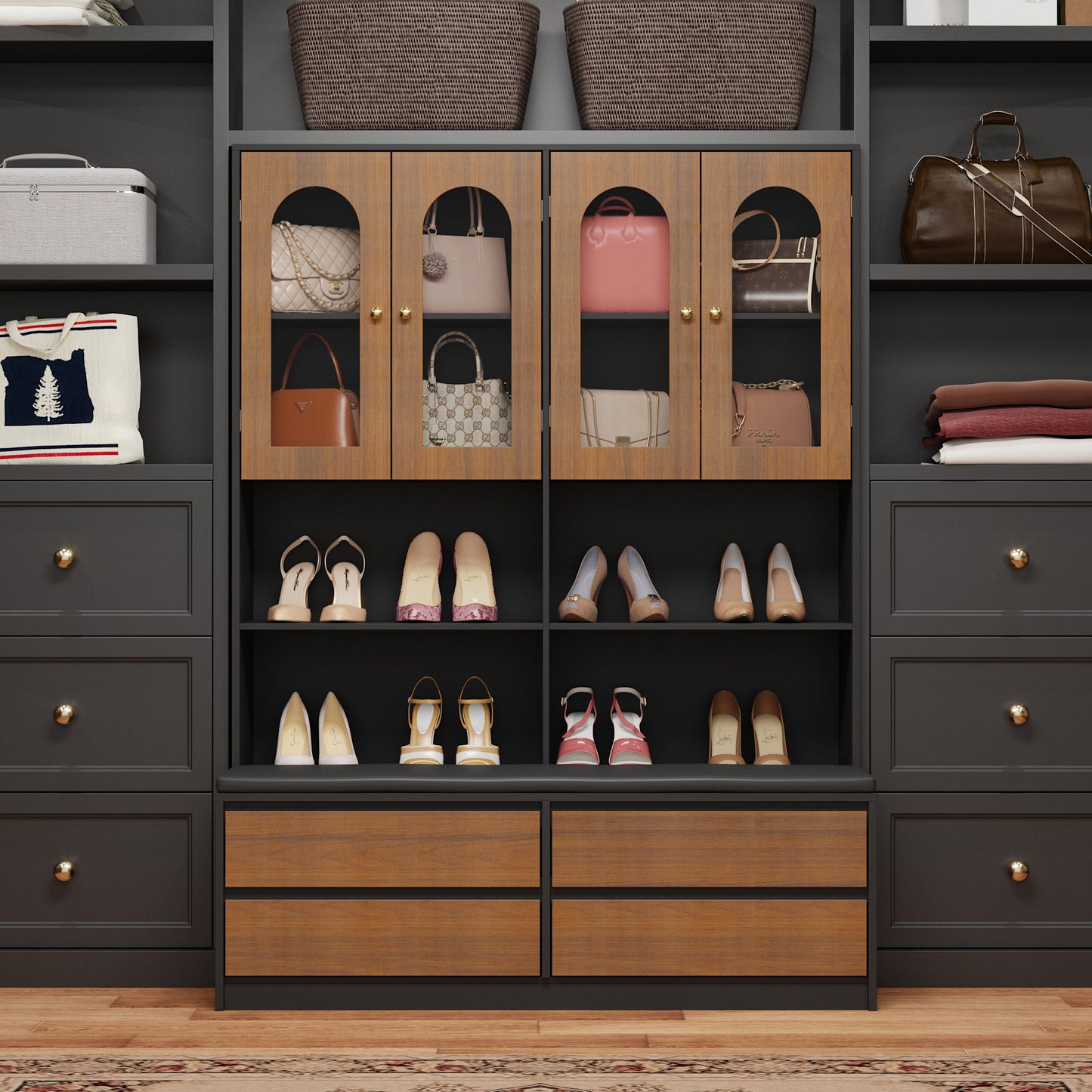 Système de dressing à 4 portes vitrées et 4 tiroirs avec banc de rangement pour chaussures