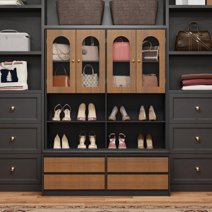 Système de dressing à 4 portes vitrées et 4 tiroirs avec banc de rangement pour chaussures