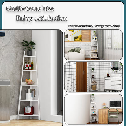 Étagère d'angle rustique à 5 niveaux, bibliothèque d'angle industrielle, étagère échelle, support pour plantes pour salon 