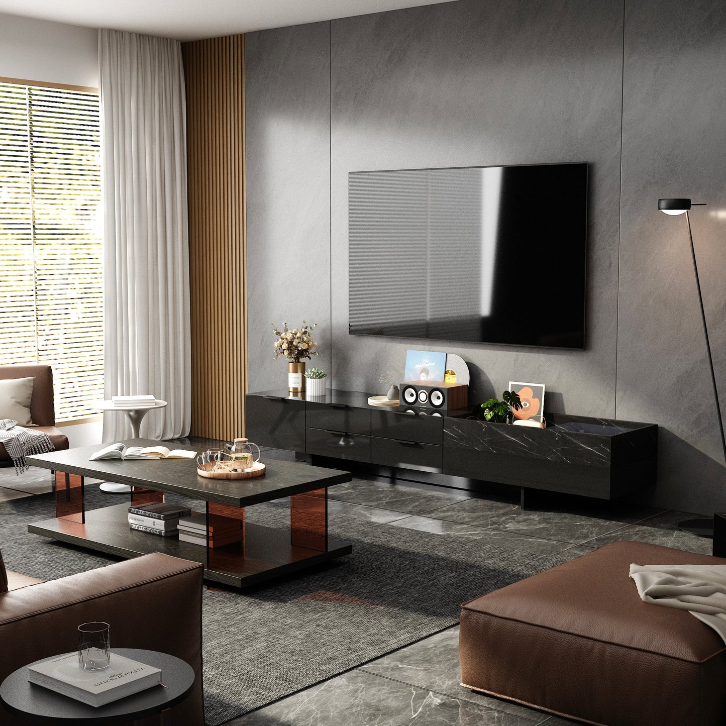 Meuble TV/centre multimédia de 200 cm de large avec 5 tiroirs, finition brillante et design effet pierre, et rangement intégré.