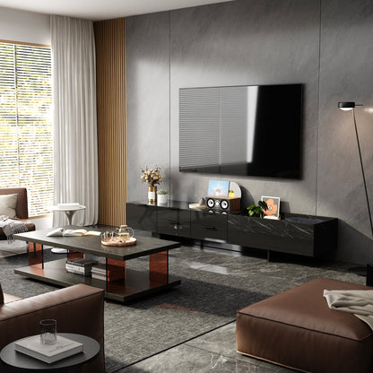 Meuble TV/centre multimédia de 200 cm de large avec 5 tiroirs, finition brillante et design effet pierre, et rangement intégré.