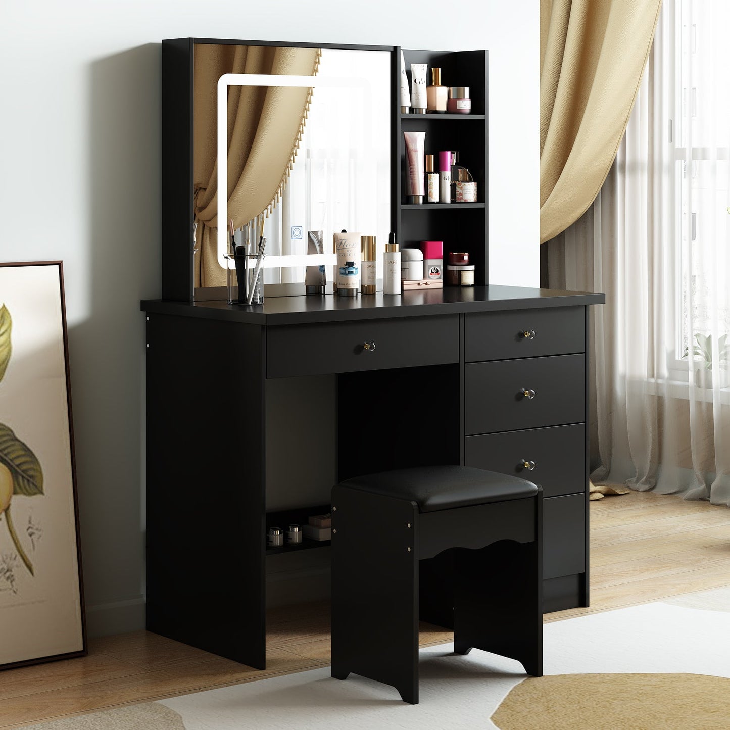 Ensemble coiffeuse avec miroir coulissant éclairé, tabouret rembourré, 5 tiroirs et étagères