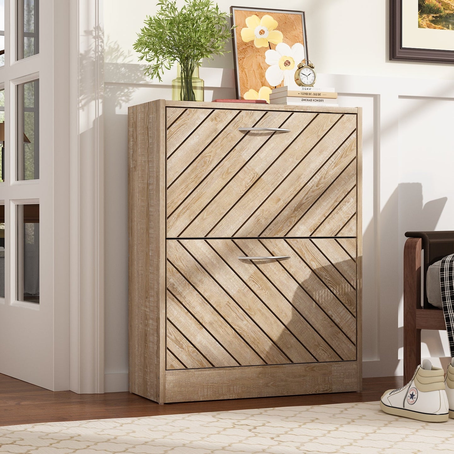 Meuble à chaussures rustique pour entrée, avec 2 tiroirs rabattables