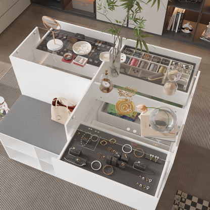 Commode à 9 tiroirs et 4 étagères avec plateau et banquette confortable