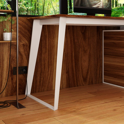 Bureau d'angle en forme de L avec tiroirs, finition bois brun.