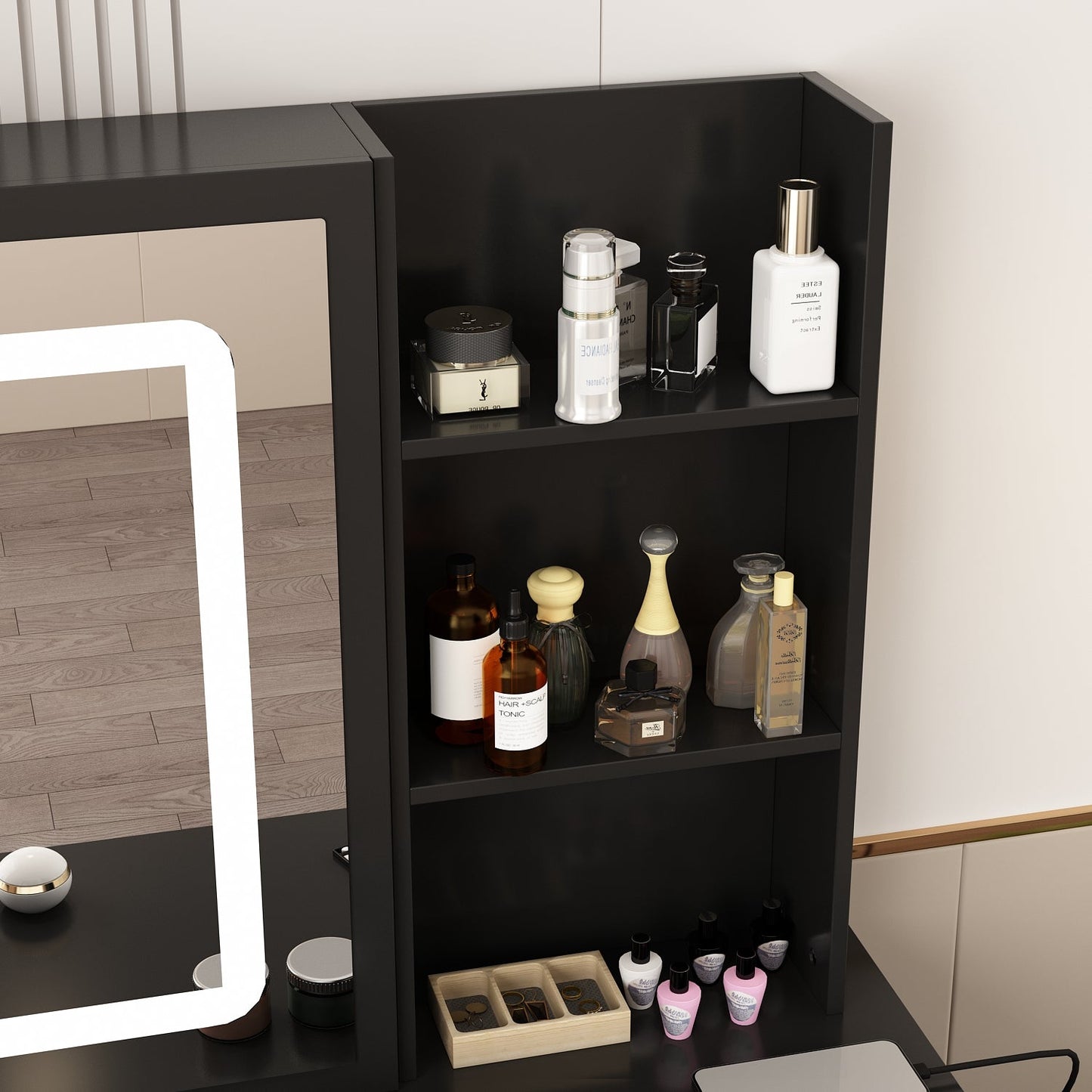 Coiffeuse avec miroir lumineux et prise électrique 