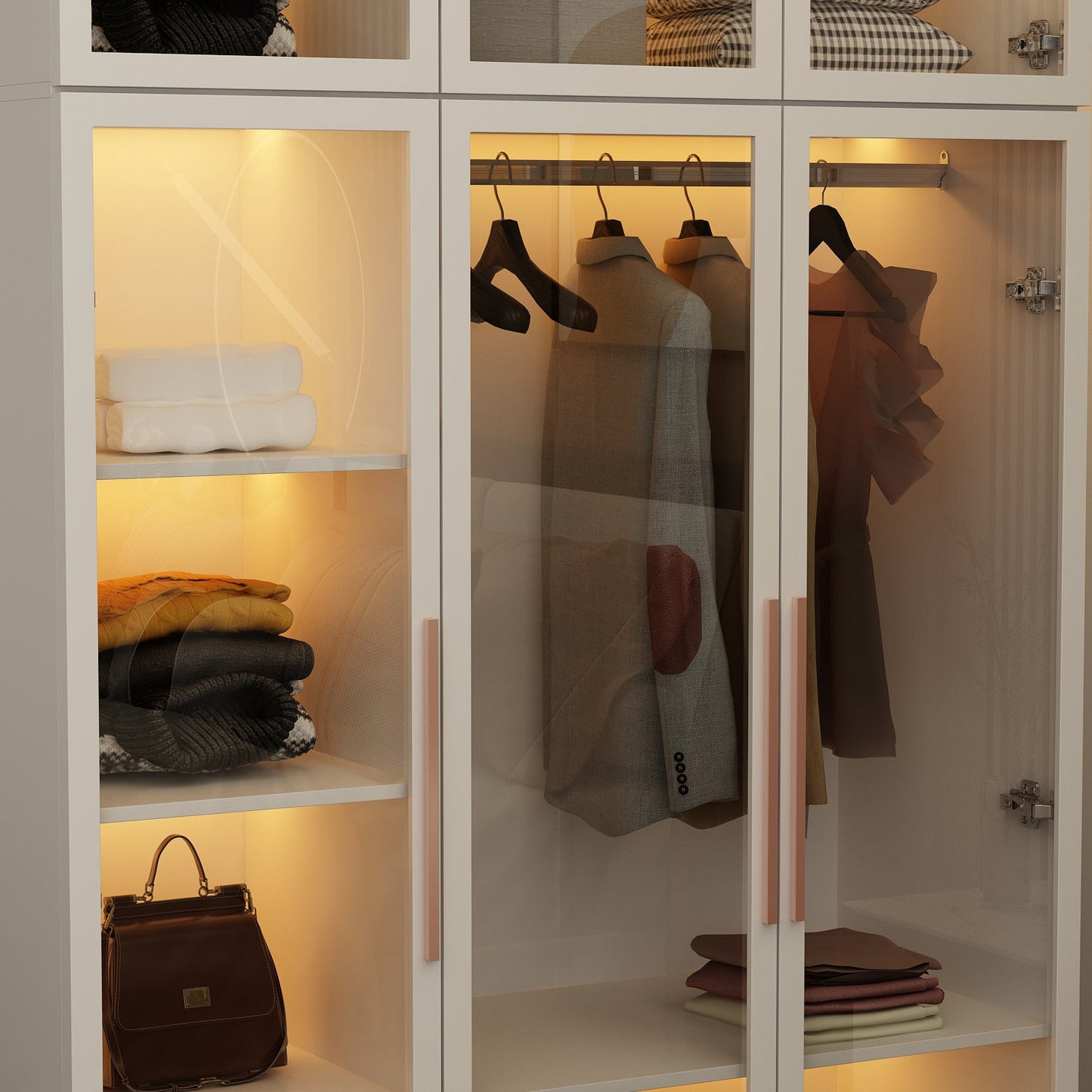 Grande armoire de chambre à coucher avec rangement pour vêtements, éclairage LED et portes vitrées