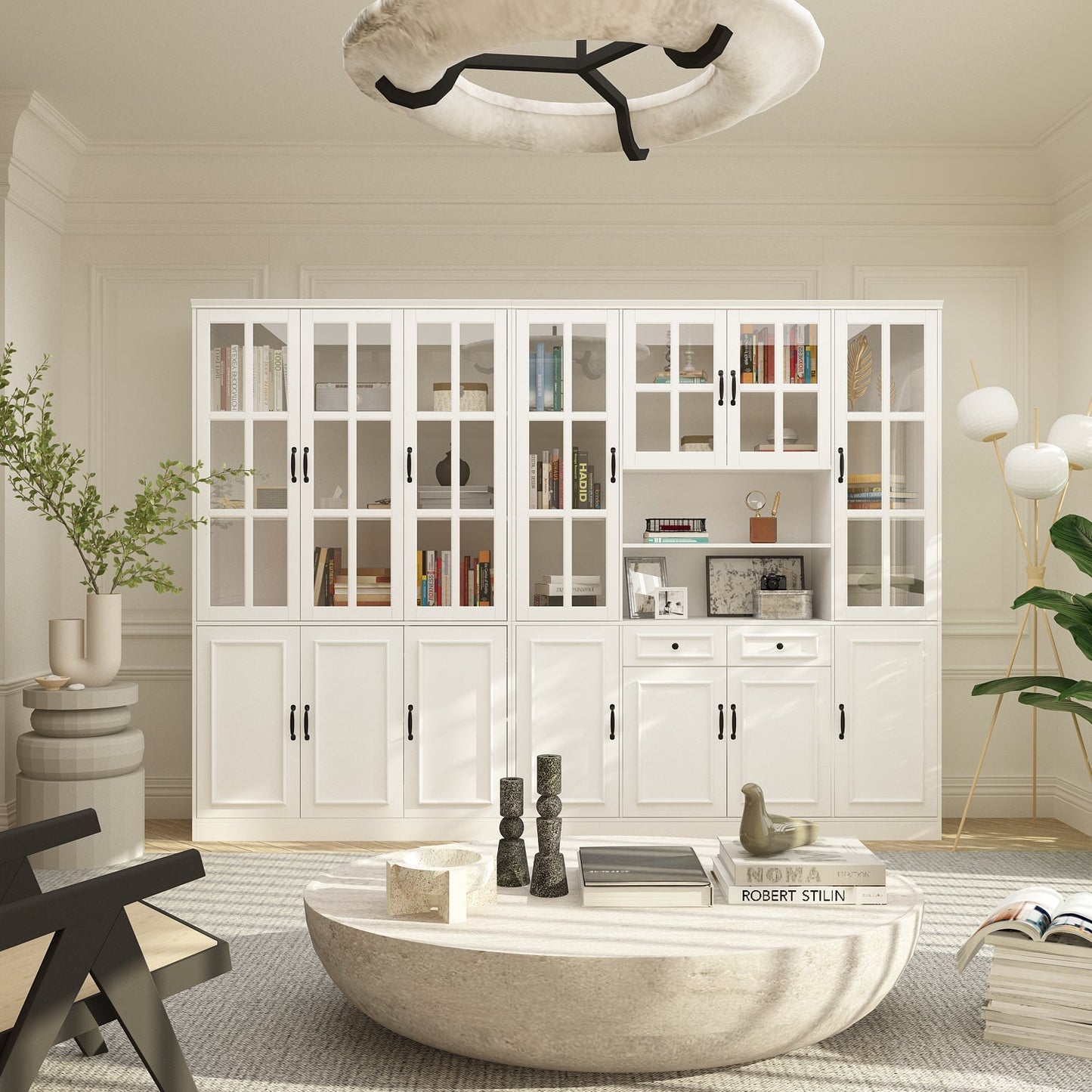 Vitrine d'angle avec étagère de rangement et bibliothèque, combinant 4 portes vitrées et 2 tiroirs