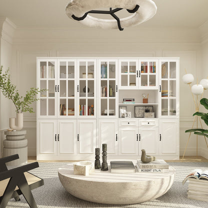 Vitrine d'angle avec étagère de rangement et bibliothèque, combinant 4 portes vitrées et 2 tiroirs