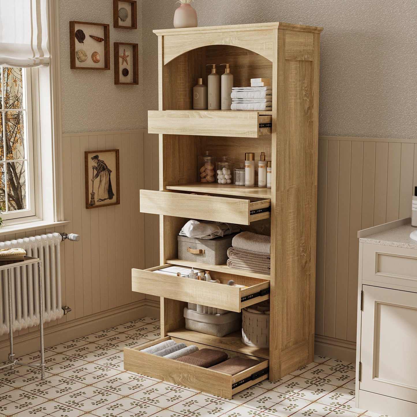 Armoire à linge de salle de bain élégante avec tiroirs dissimulés et étagères ouvertes