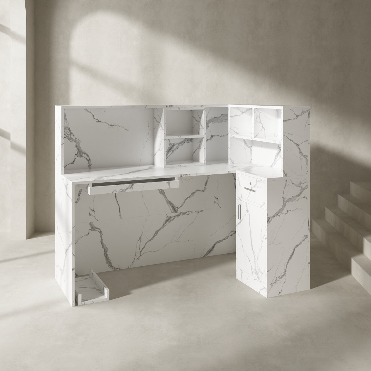 Bureau d'accueil en forme de L avec grands classeurs de rangement 