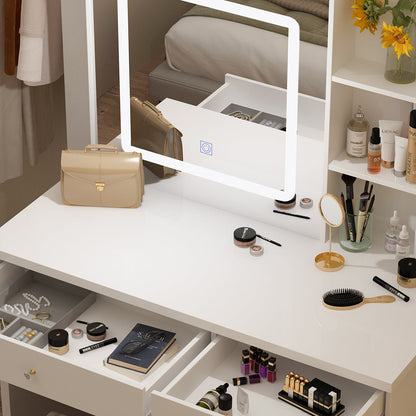 Ensemble coiffeuse avec miroir coulissant éclairé, tabouret rembourré, 5 tiroirs et étagères