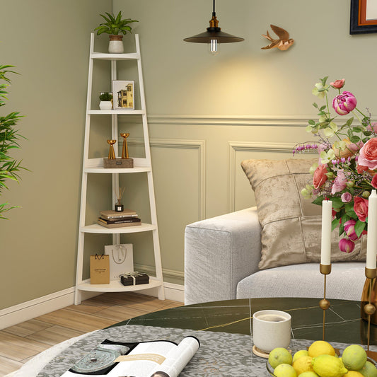 Étagère d'angle rustique à 5 niveaux, bibliothèque d'angle industrielle, étagère échelle, support pour plantes pour salon 