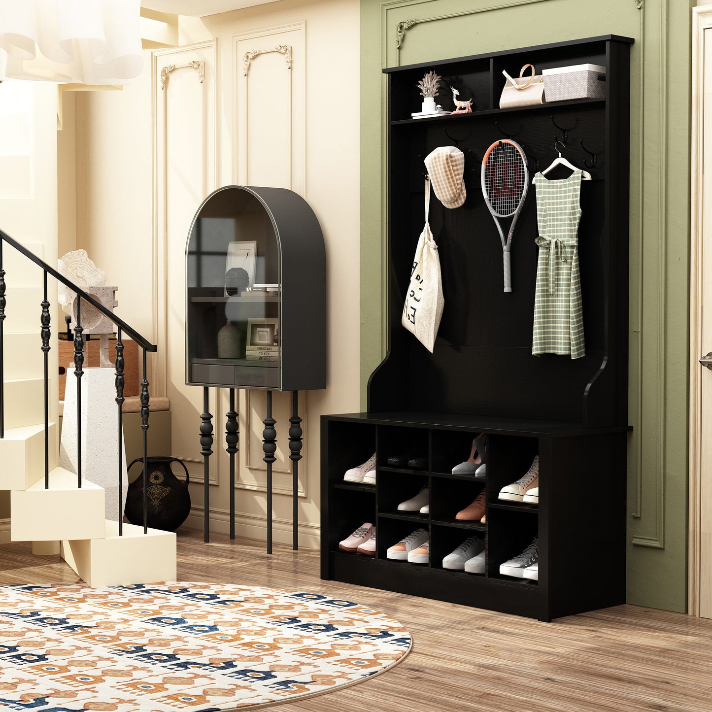 Meuble à chaussures avec banc et crochets pour entrée