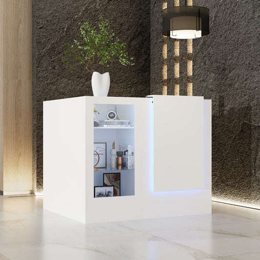 Comptoir d'accueil moderne à éclairage LED avec étagères ouvertes et compartiments de rangement