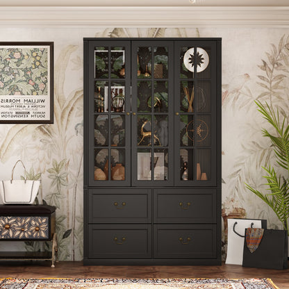 Grande bibliothèque vitrine avec étagères de rangement, 3 portes vitrées et 4 tiroirs avec poignées en métal