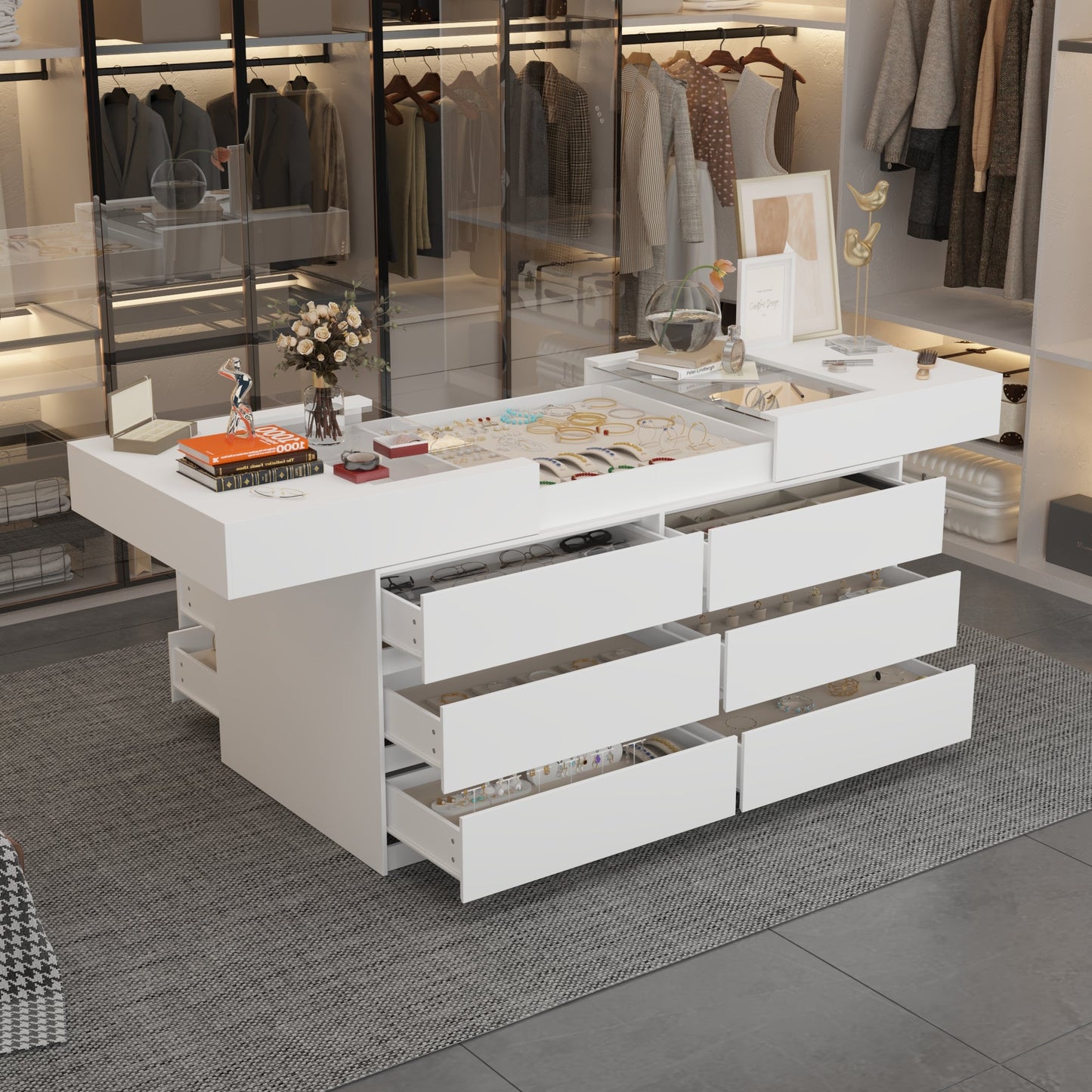 Commode à 12 tiroirs et 1 étagère, au design élégant et au plateau en verre trempé