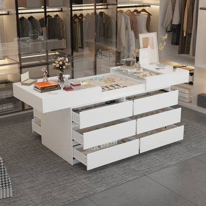 Commode à 12 tiroirs et 1 étagère, au design élégant et au plateau en verre trempé