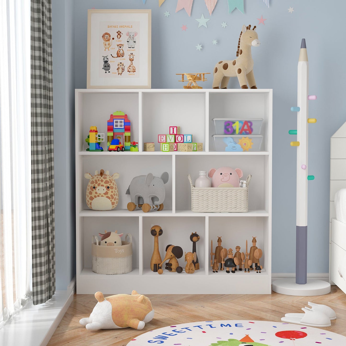 Meuble d'entrée, bibliothèque large pour enfants avec plusieurs compartiments et étagère à 3 niveaux 