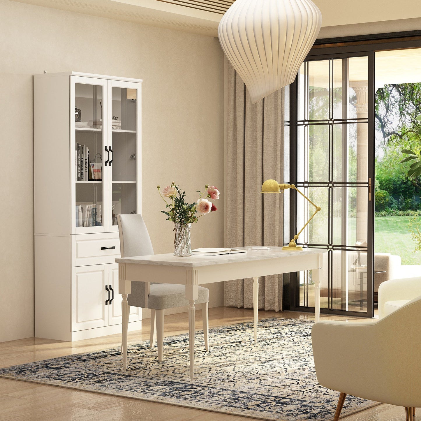 Grande vitrine d'angle avec étagère de rangement et bibliothèque combinées