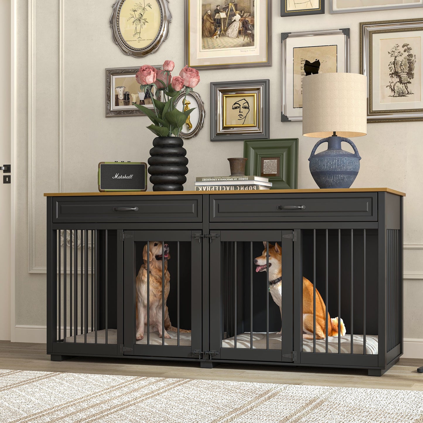 Grande cage en bois pour chien avec séparateur et table d'appoint