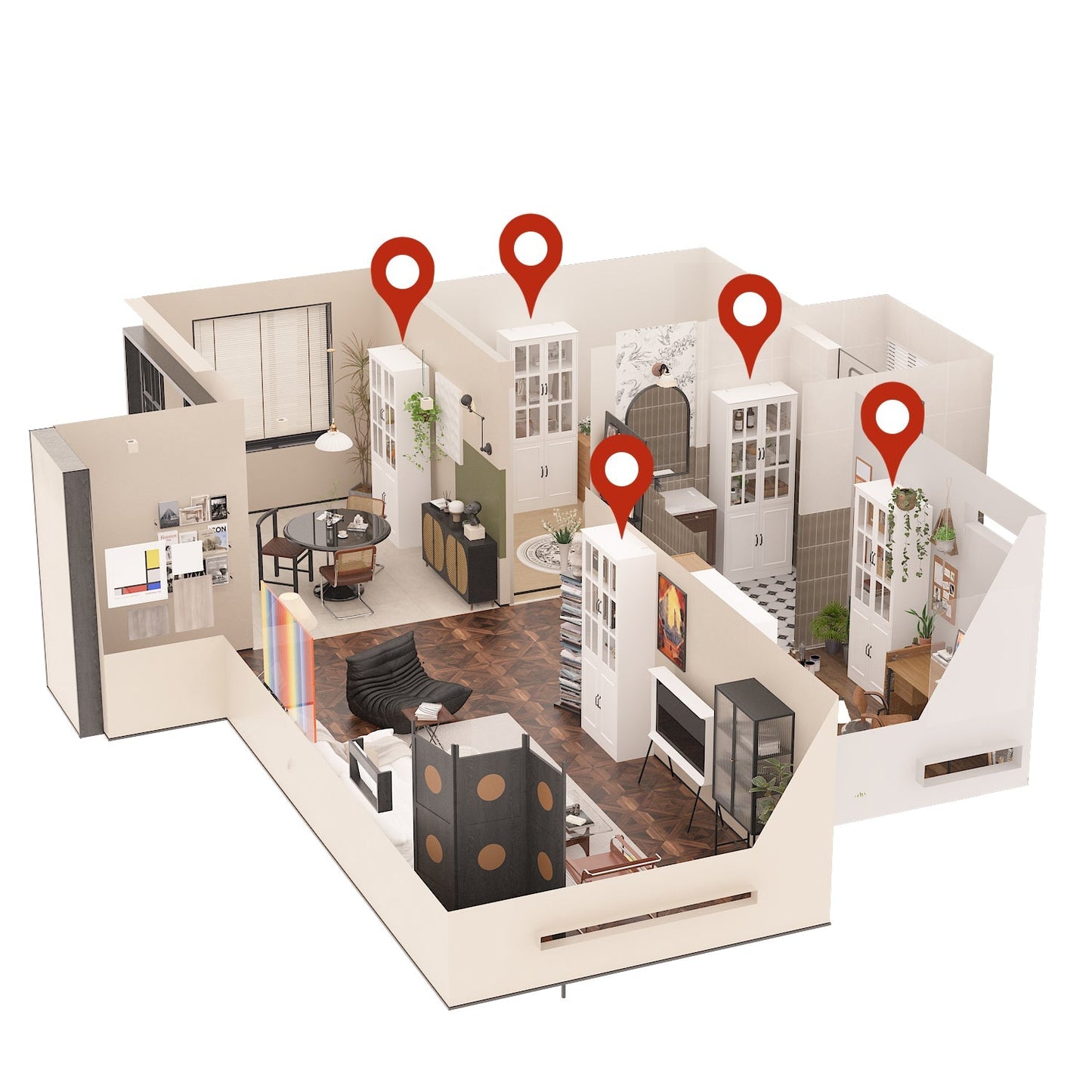 Vitrine d'angle avec étagère de rangement et bibliothèque, combinant 4 portes vitrées et 2 tiroirs