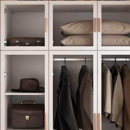 Grande armoire de chambre à coucher avec rangement pour vêtements, éclairage LED et portes vitrées