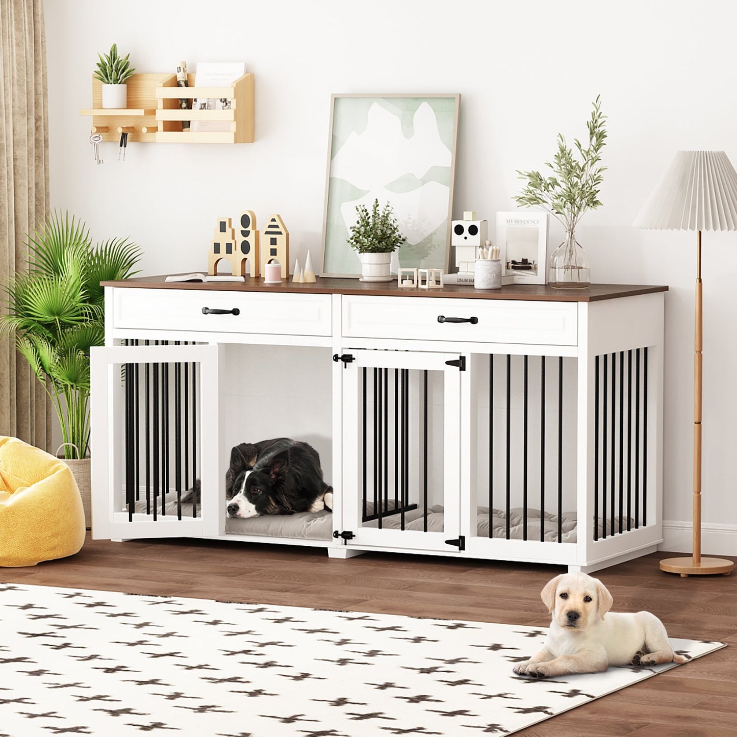 Grande cage en bois pour chien avec séparateur et table d'appoint
