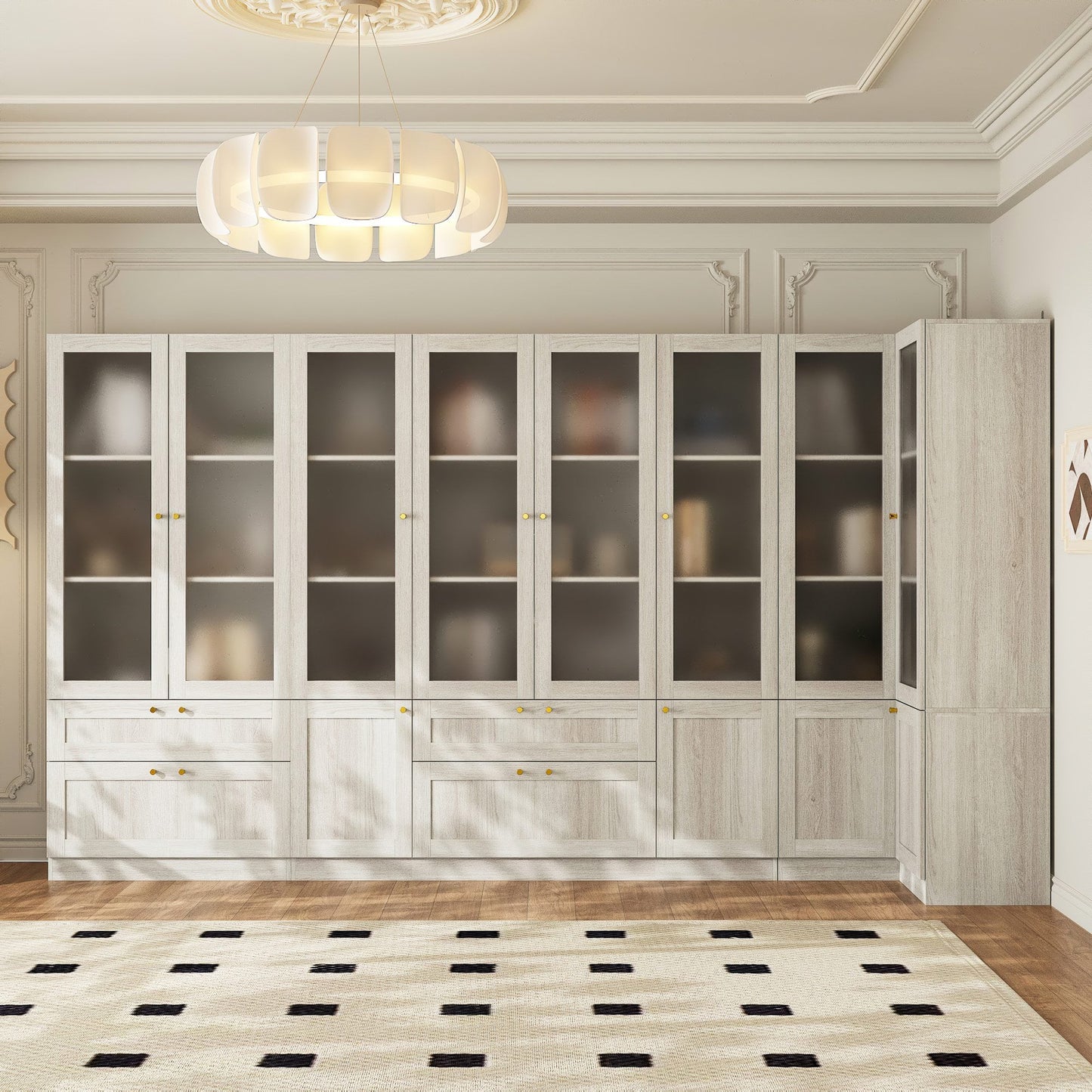 Bibliothèque modulaire à 4 tiroirs avec portes en verre dépoli, 71 po H x 126 po L