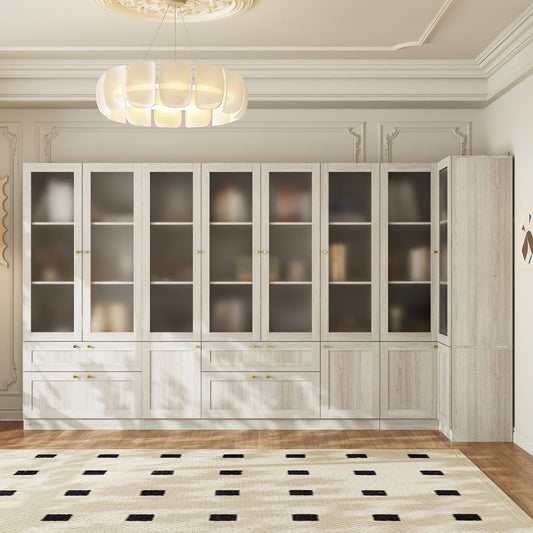 Bibliothèque modulaire à 4 tiroirs avec portes en verre dépoli, 71 po H x 126 po L