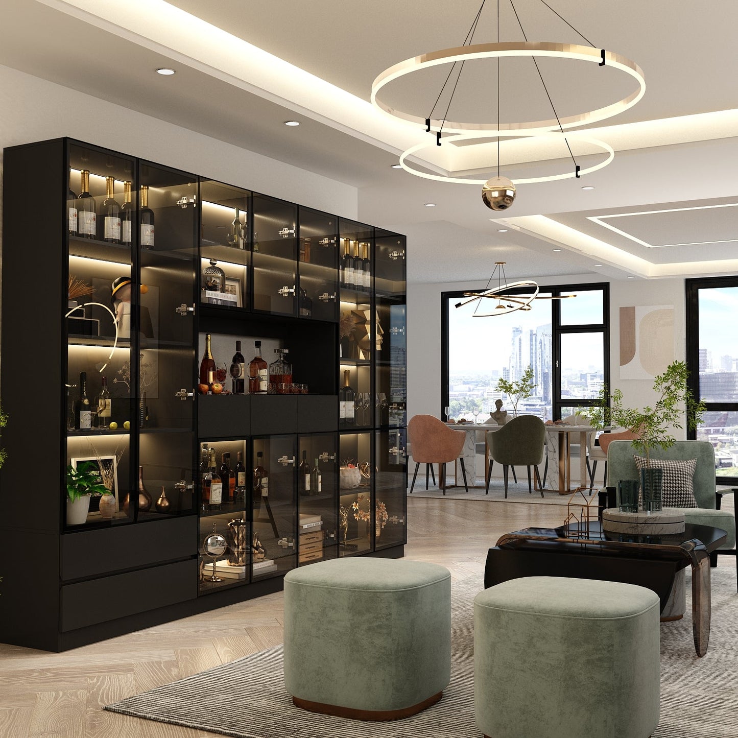 Vitrine de rangement avec éclairage LED et portes en verre trempé